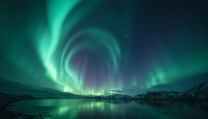 Naklejka premium Aurora Borealis Reflections on Lake with Mountains and Starry Sky