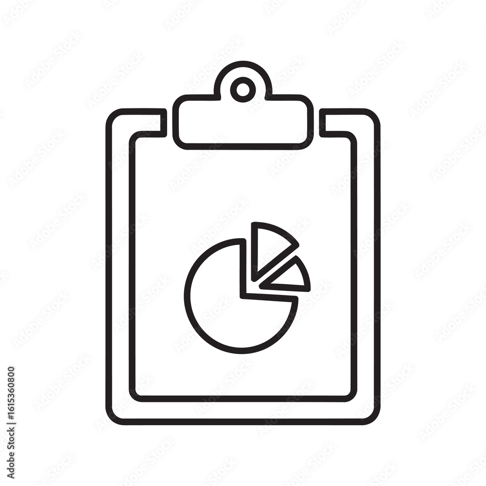 Poster data report icon with clipboard and pie chart representing business analytics market research statis
