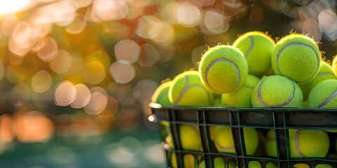 Tennis ball on green grass court with sunset effect background, Surface level shot of tennis balls on field. 