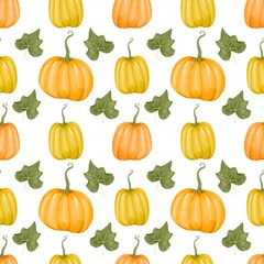 seamless pattern with pumpkins. Seamless pattern pumpkin, harvest, autumn, leaves.Watercolor style, hand drawn. Floral, botanical. Background, Textile, fabric, paper, clothes, greeting card design, 