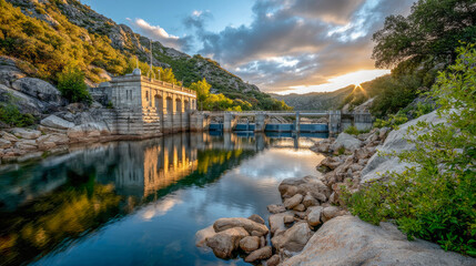 Fototapeta premium At dawn, the hydroelectric dam stands proudly against a backdrop of rugged hills