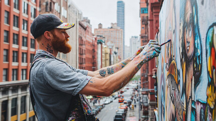 Artist painting on a wall with bright colors and abstract designs in an urban street art setting