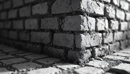 Grayscale Image of Brick Wall Corner with Cobblestone Ground