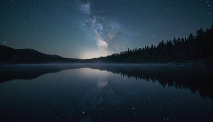 Milky Way Reflected in Lake at Night with Trees and Hills