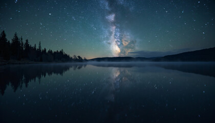 Milky Way Reflected in Lake with Forest and Hills