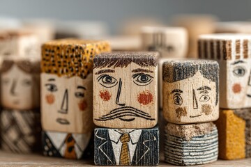 Business people concept. Personnel management for employees and jobs. Diverse people icons and  many wood cubes. High quality