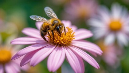 A close up of a bee on a pink flower with a yellow center in a garden on a sunny day outdoors