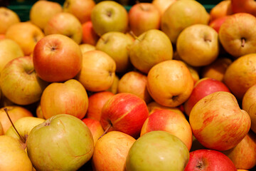 A Colorful Display of Freshly Harvested Apples at a Local Market: A Feast for the Eyes and Taste Buds with Various Shades of Red, Yellow, and Green Among the Abundance of Produce