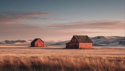 Two rustic red structures stand peacefully in a vast, open field under a beautiful, colorful sky during the golden hour.