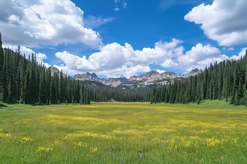 Obraz premium Calm countryside meadow surrounded by distant pine trees and layered clouds 