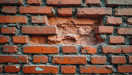 Red Brick Wall with Damaged Mortar and Missing Brick