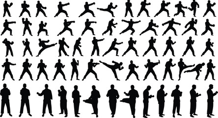 Silhouette collection of male martial arts poses, action stance illustration, self defense training clipart, karate fighter movement icons, vector combat sequence graphics design © Shammi's World