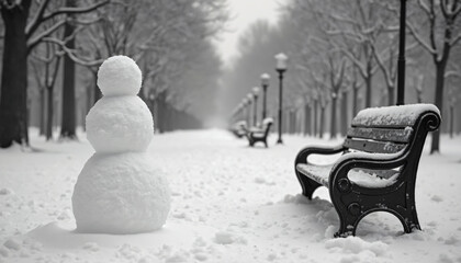 Snowman and Park Bench in Snow-Covered Park