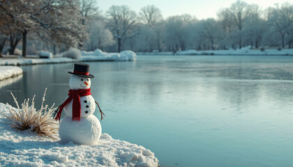 Snowman by Frozen Lake in Winter
