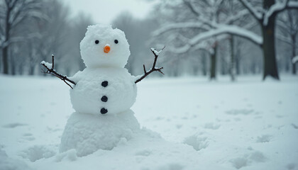 Snowman in a Snow-Covered Field with Bare Trees