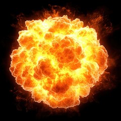 A massive, fiery explosion with intense yellow and orange flames radiates outward against a dark background.