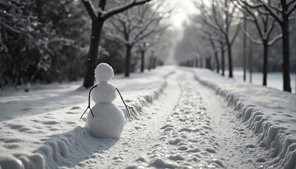Snowman by Snow-Covered Path with Trees