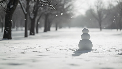 Snowman in a Snowy Park with Trees and Falling Snow