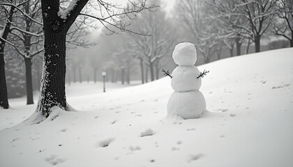 Snowman in Snow Covered Park with Trees
