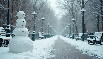 Snowman in Snow-Covered Park with Path, Benches, and Lampposts