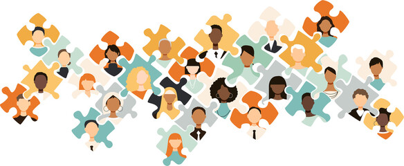 Naklejka na ściany i meble Different people in puzzles. Diversity concept.