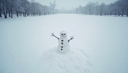 Snowman in Snowy Field with Trees and Distant Building