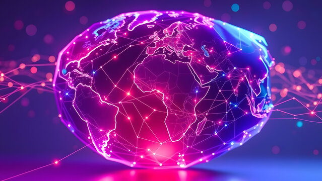 Vibrant digital Earth globe symbolizes global network connectivity, data flow, and modern technological advancements.