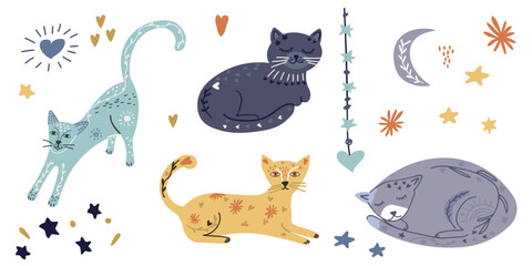 Whimsical vector of multicolored cats in playful and relaxed poses with stars, moons and floral accents, featuring navy blue as the core tone.