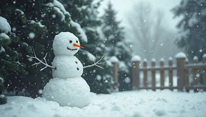 Snowman in Snowy Scene with Evergreens and Fence