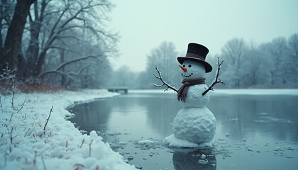 Snowman in Water with Top Hat and Snowy Landscape