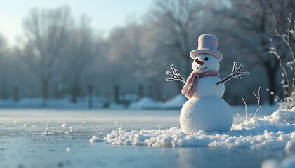 Snowman with Hat and Scarf on Icy Ground