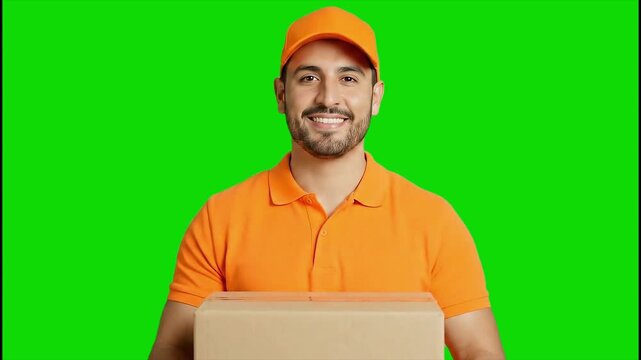 Friendly Delivery Man Holding Parcel on Green Screen Background