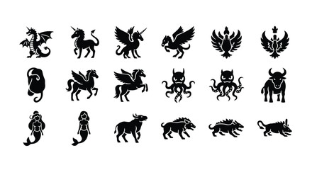 Vector silhouette illustration collection of mythical creature silhouettes including a pegasus, unicorn, octopus, bull, and dragon, isolated on white background