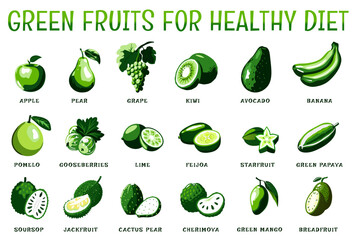 Vector Collection of Green Fruits for Healthy Diet Illustration Concept