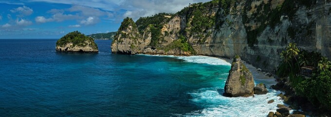 Drone aerial view of Diamond Beach, Nusa Penida, Bali. Captured in June 2025, this image showcases...