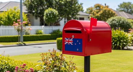 Red Mailbox with New Zealand Flag Displayed on Suburban Lawn Reflecting Culture