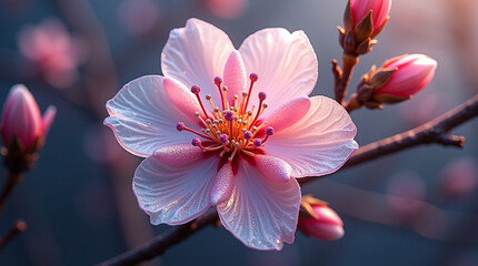 Delicate Pink Blossom in Soft Golden Hour Light: Macro Photography of Spring Flower