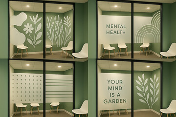 Modern Sage Green Therapy Room: Frosted Glass Designs, Floral & Inspirational Quotes, Minimalist Aesthetic.