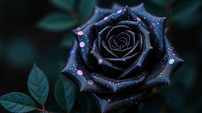 Dark Romantic Black Rose:  Close-up, Dewdrops, Glitter, Moody, Elegant Floral Photography.