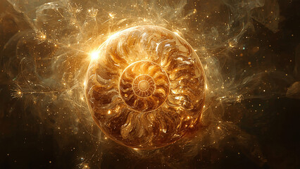 Golden Ammonite Spiral: Abstract Fractal Art, Mystical, Luxurious, and Energetic.