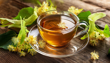 Linden tea in a glass cup with fresh linden flowers on the side