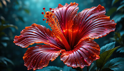 Luminous Red Hibiscus Flower:  Intricate Details,  Mystical Teal Background,  Digital Art,  Sparkling Petals.