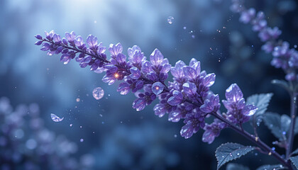 Enchanted Purple Flower Branch: Dewdrops, Soft Light, Mystical Mood