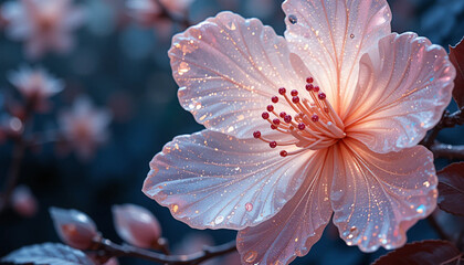 Close-up Dew-Kissed Peach Blossom; Dreamy, Soft Lighting;  Elegant Floral Macro Photography.