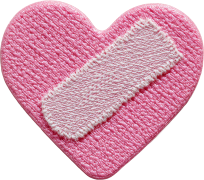A pink heart-shaped soap bar or bath sponge with a white bandage-like element diagonally placed across its textured surf - Powered by Adobe