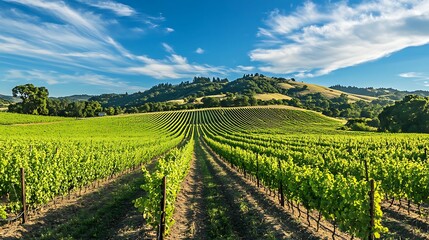 Fototapeta premium Flourishing farmland field with bright green rows of crops under a blue sky 
