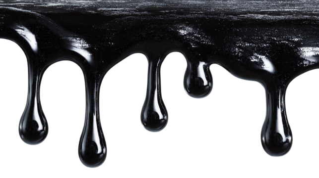 Abstract shot of dripping black liquid with high viscosity and reflectivity