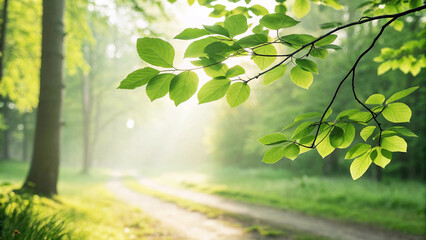 Fototapeta premium Sun drenched forest path beckons with vibrant green leaves and tranquil morning light creating a serene escape for wellness and nature lovers generative ai.