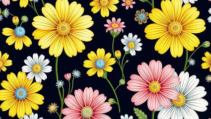 Vibrant Floral Pattern Yellow Pink White Daisies on Black Background