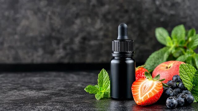 Natural Fruit Flavored Extract in Dropper Bottle with Strawberry, Peach, Blueberries and Mint Leaves
